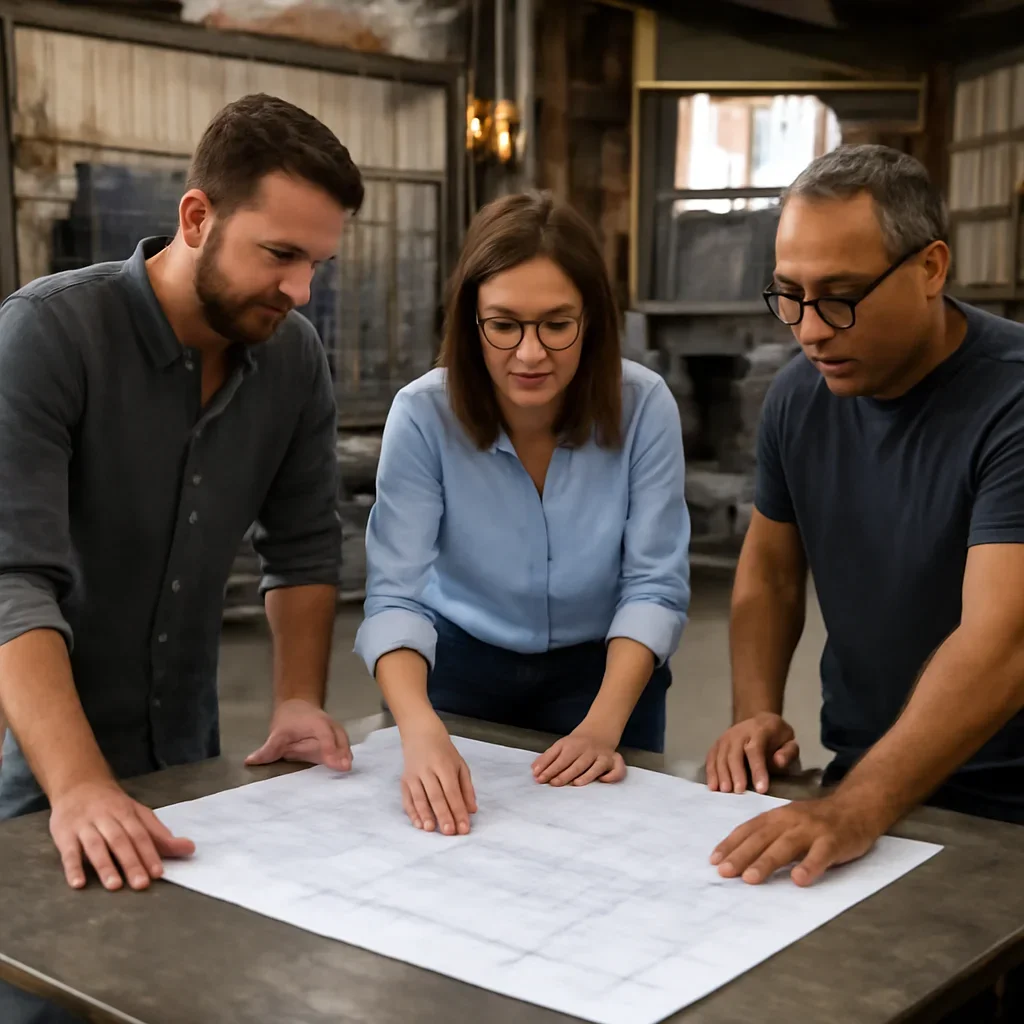 Team reviewing drawings for for architects & designers at a fabrication workspace