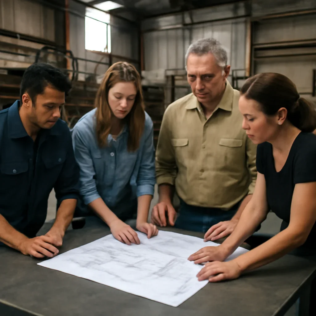 Team reviewing drawings for for general contractors at a fabrication workspace