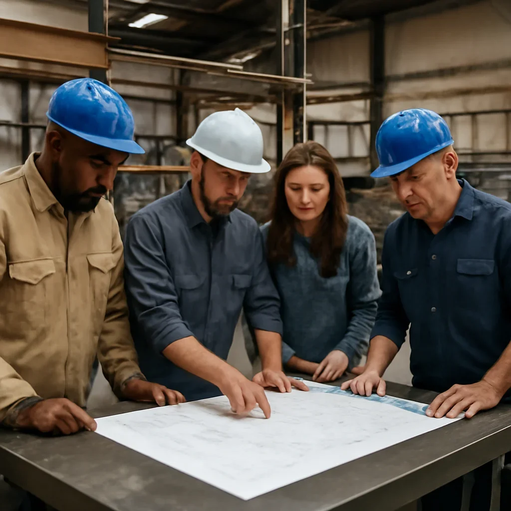 Team reviewing drawings for for hvac & mechanical contractors at a fabrication workspace