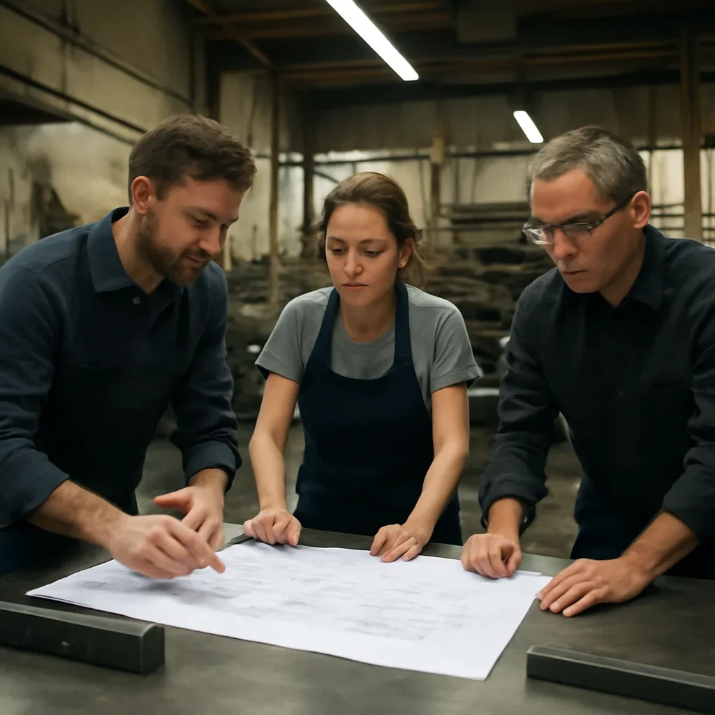 Team reviewing drawings for for manufacturers & oems at a fabrication workspace