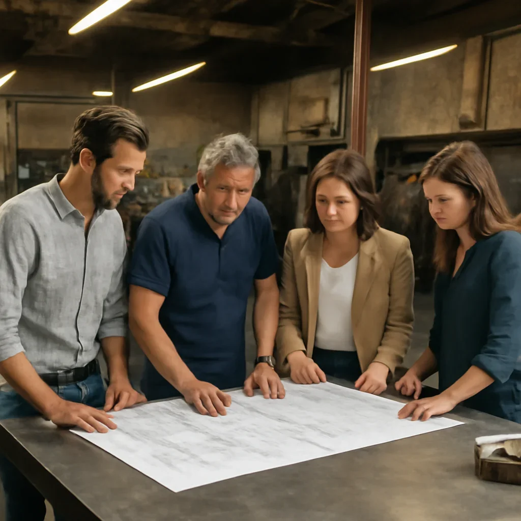 Team reviewing drawings for for property managers at a fabrication workspace