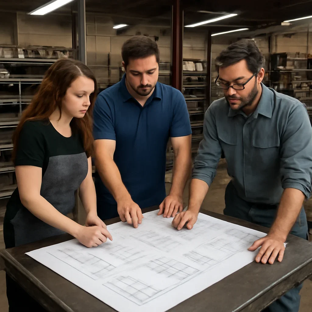 Team reviewing drawings for for restaurants & commercial kitchens at a fabrication workspace