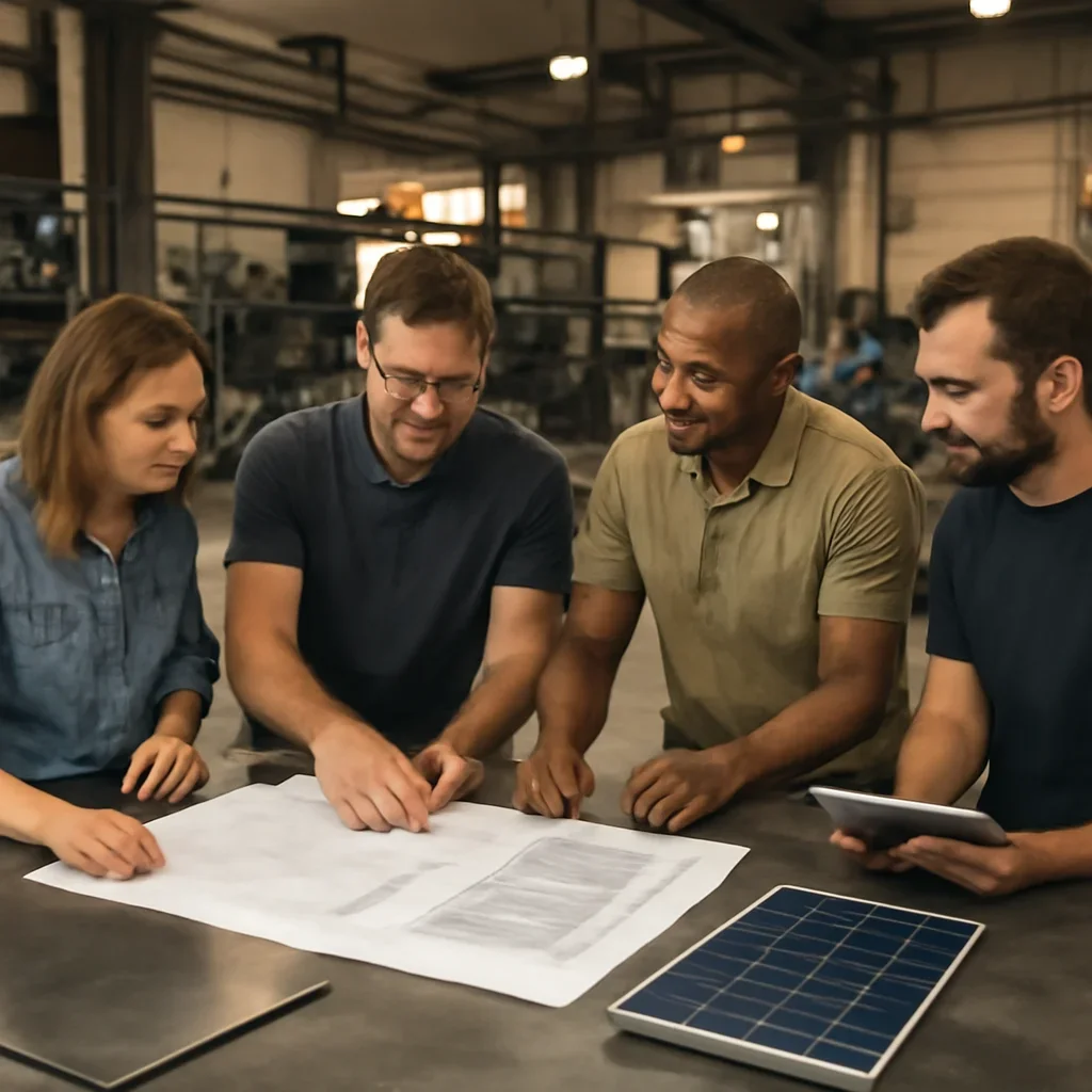 Team reviewing drawings for for solar & roofing projects at a fabrication workspace