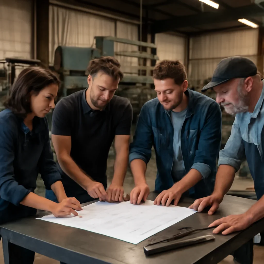 Team reviewing drawings for prototype & small-batch work at a fabrication workspace